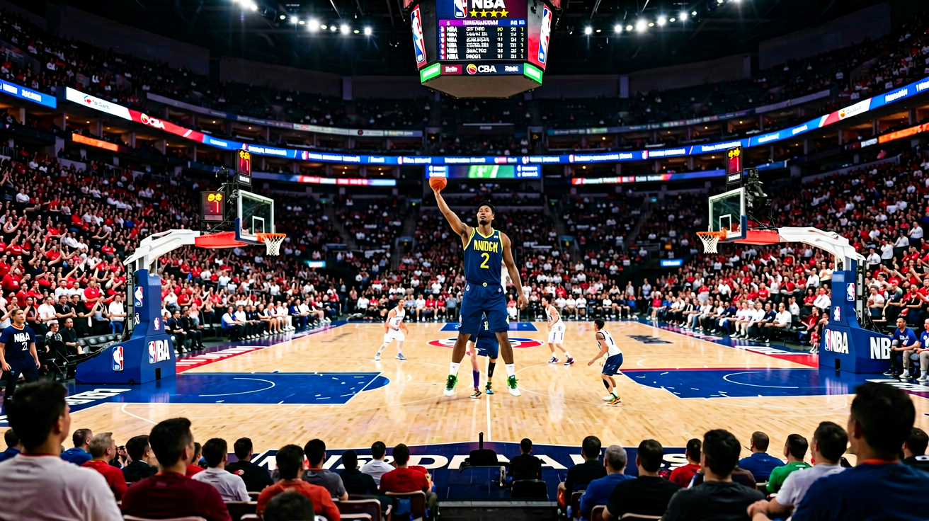 篮球比赛场馆全景，呈现NBA和CBA赛事现场氛围